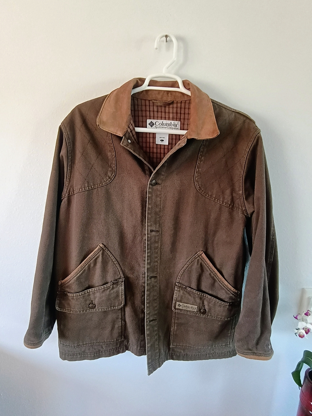 Columbia Men’s Large Brown Canvas Chore Field Barn Jacket Plaid Lined Coat